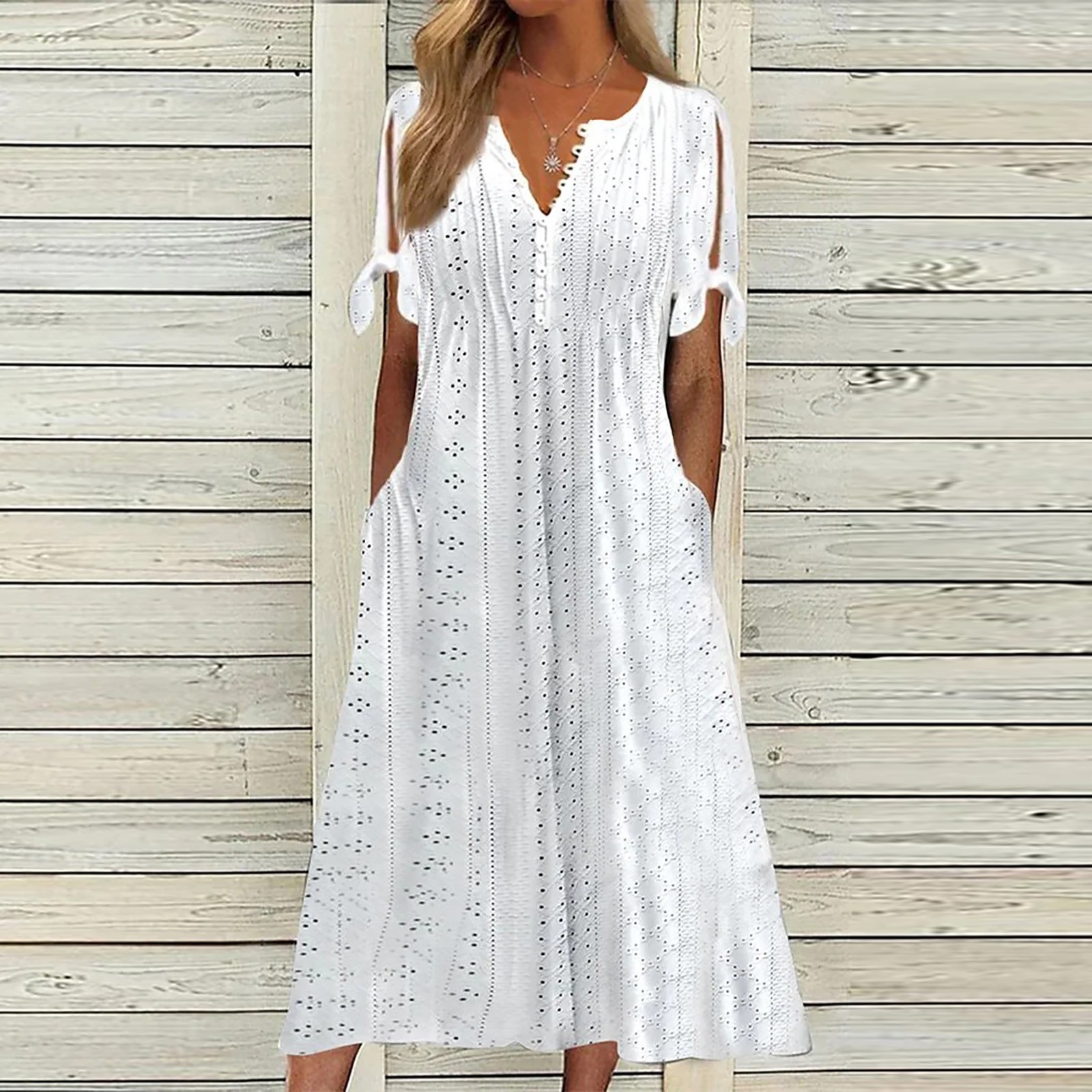 thumbnail image 2 of Vestido midi con cuello en V, pliegues y volantes de encaje para mujer - Mezcla de algodón, elegante y casual para fiestas y para el día a día, 2 of 8